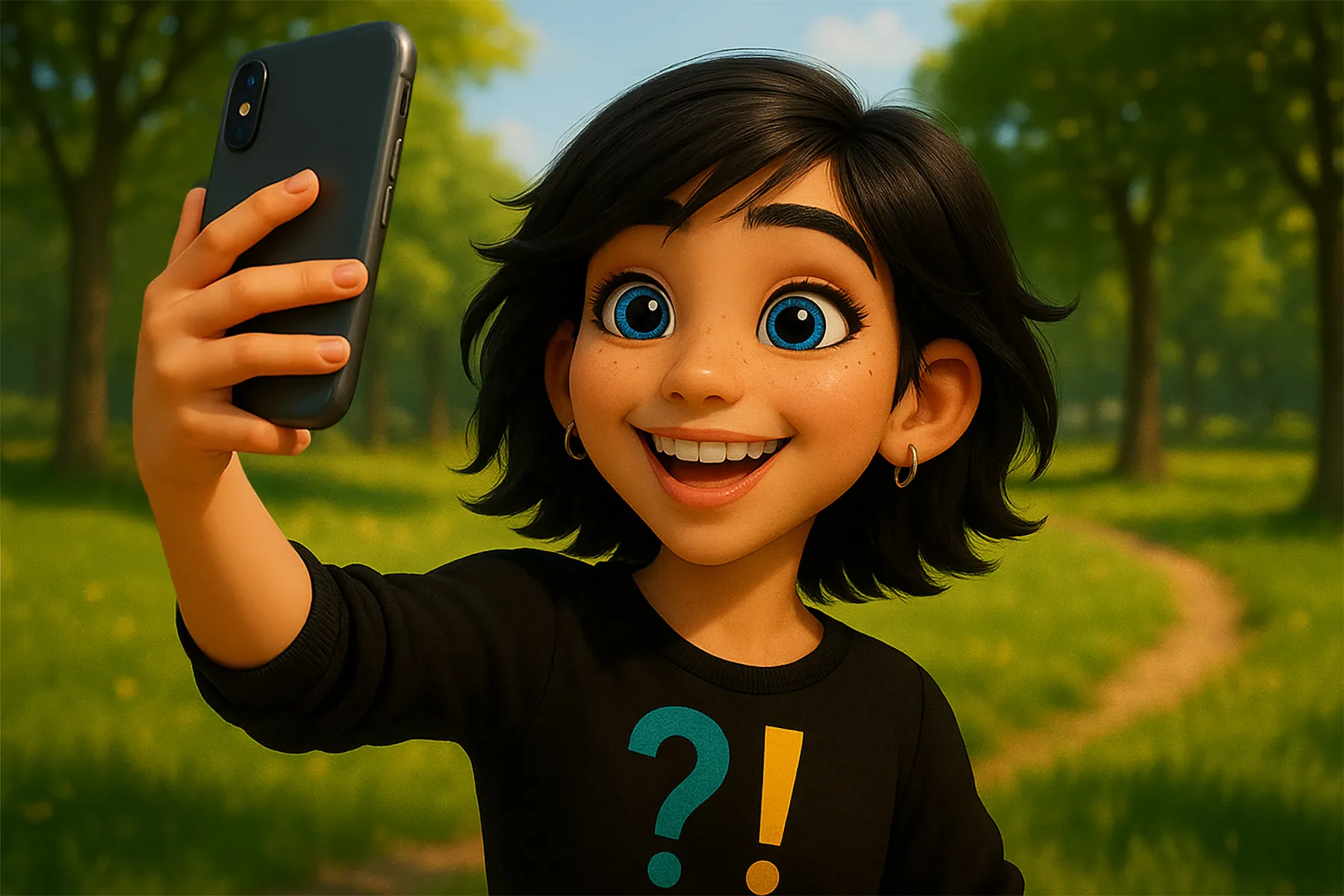 Synthia macht ein Selfie im Park